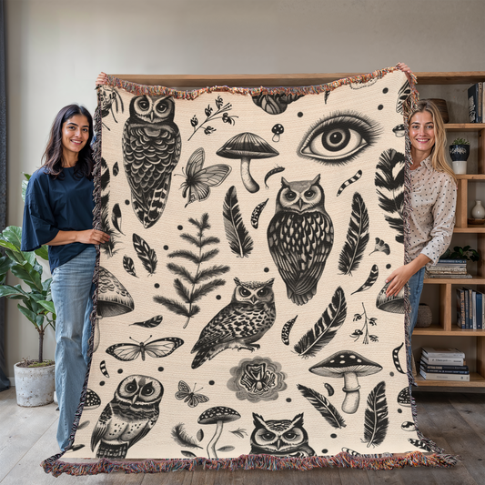Whimsical Owl Garden Woven Blanket