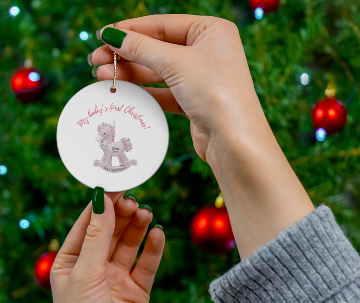 2024 Personalized Baby's First Christmas Circle Ceramic Ornament for baby girls