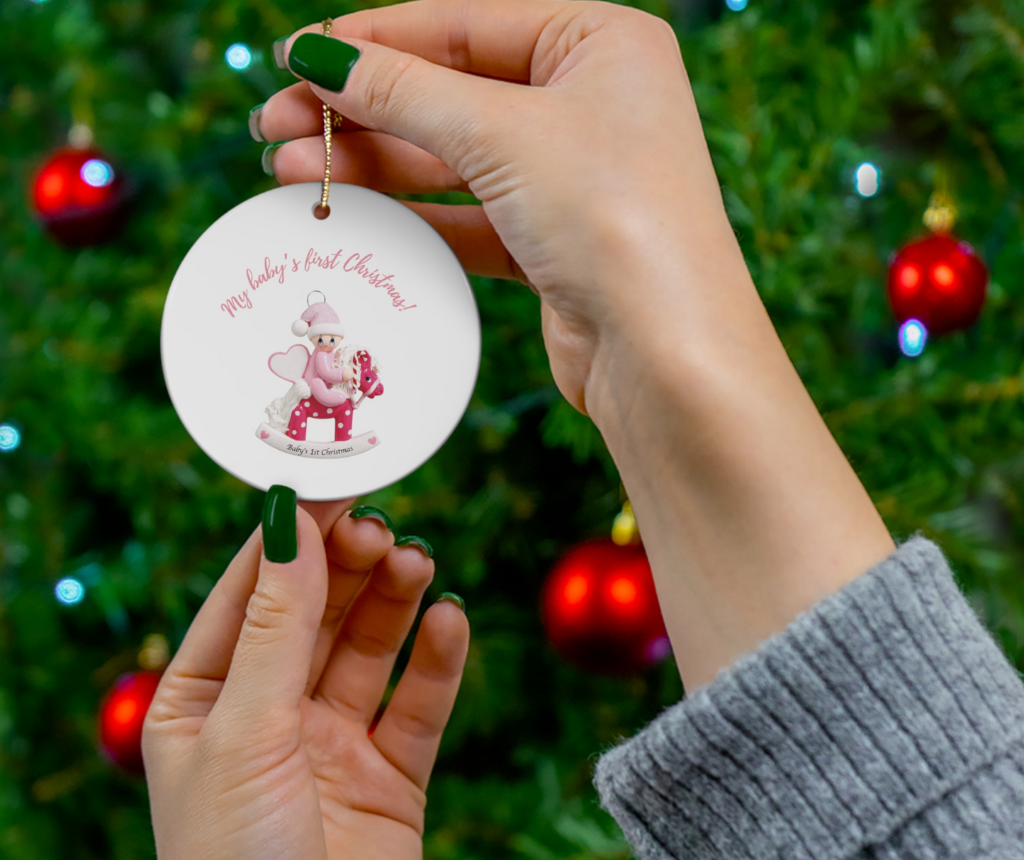 2024 Personalized Baby's First Christmas Circle Ceramic Ornament for baby girls