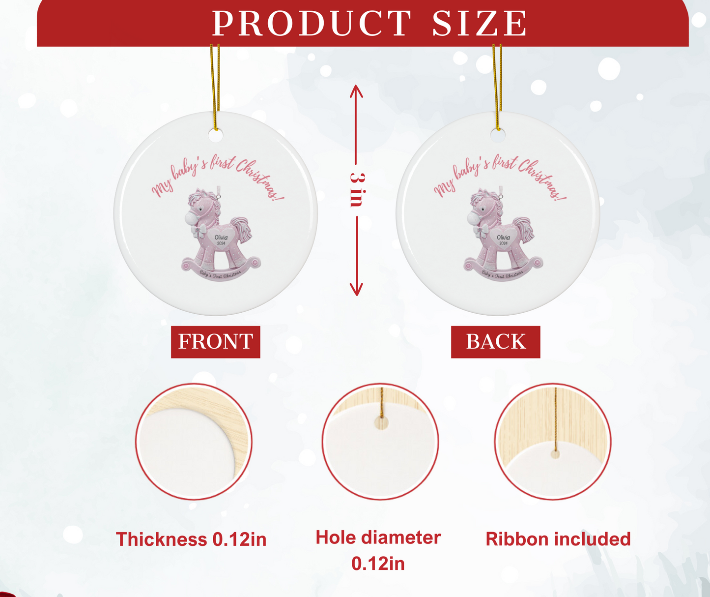 2024 Personalized Baby's First Christmas Circle Ceramic Ornament for baby girls