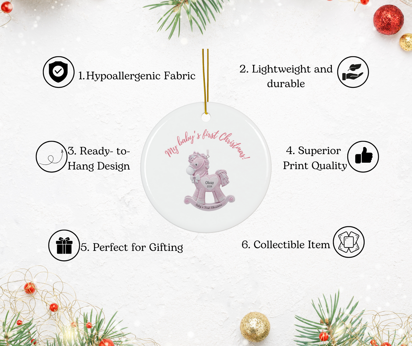 2024 Personalized Baby's First Christmas Circle Ceramic Ornament for baby girls