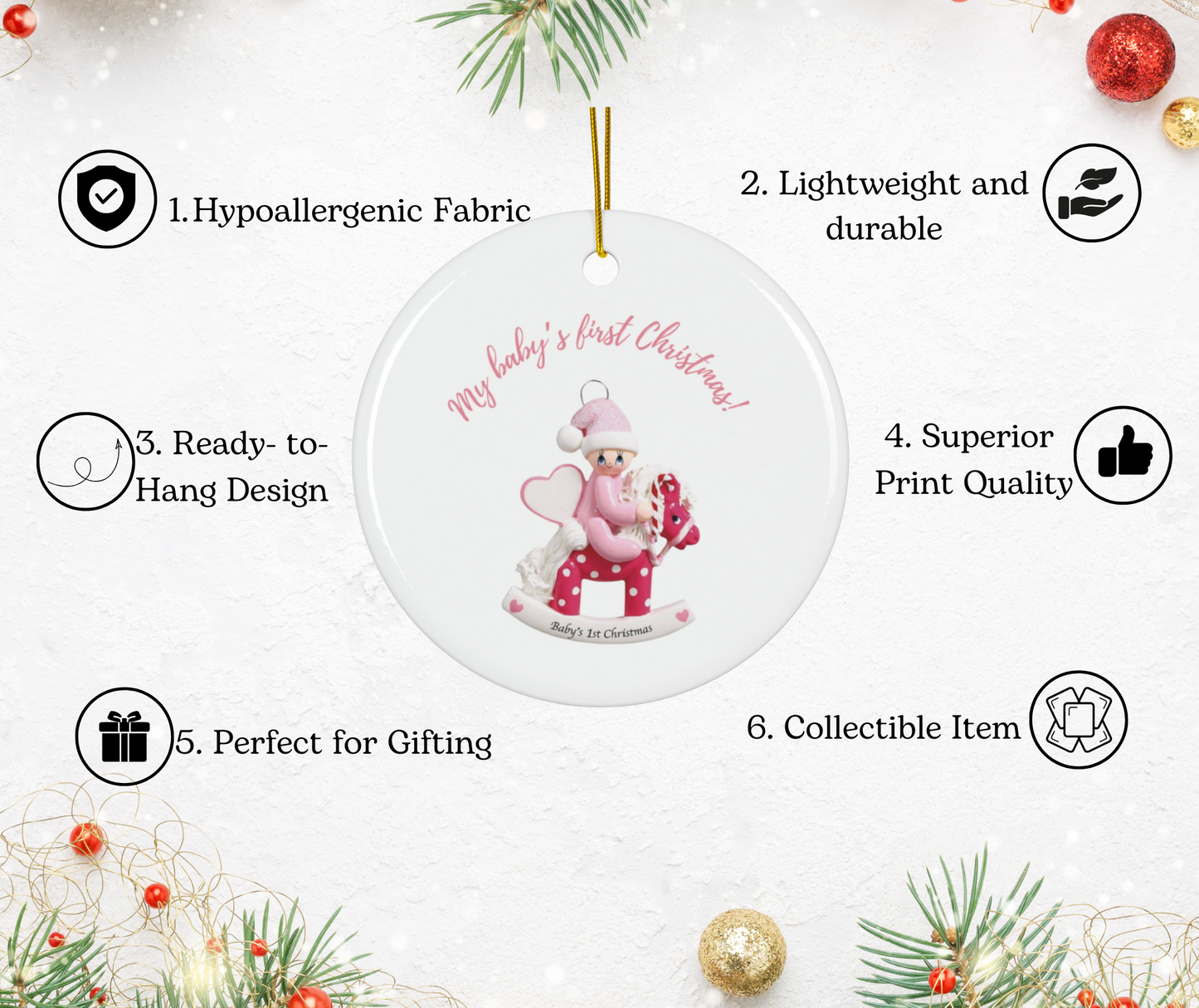 2024 Personalized Baby's First Christmas Circle Ceramic Ornament for baby girls