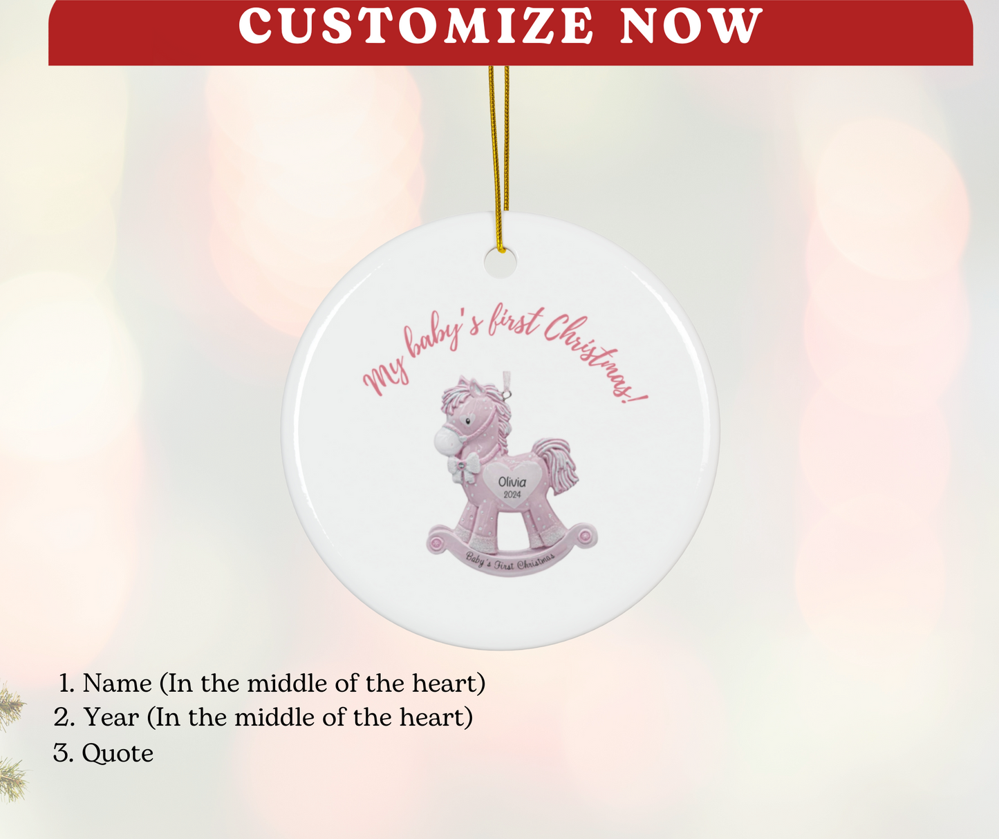 2024 Personalized Baby's First Christmas Circle Ceramic Ornament for baby girls