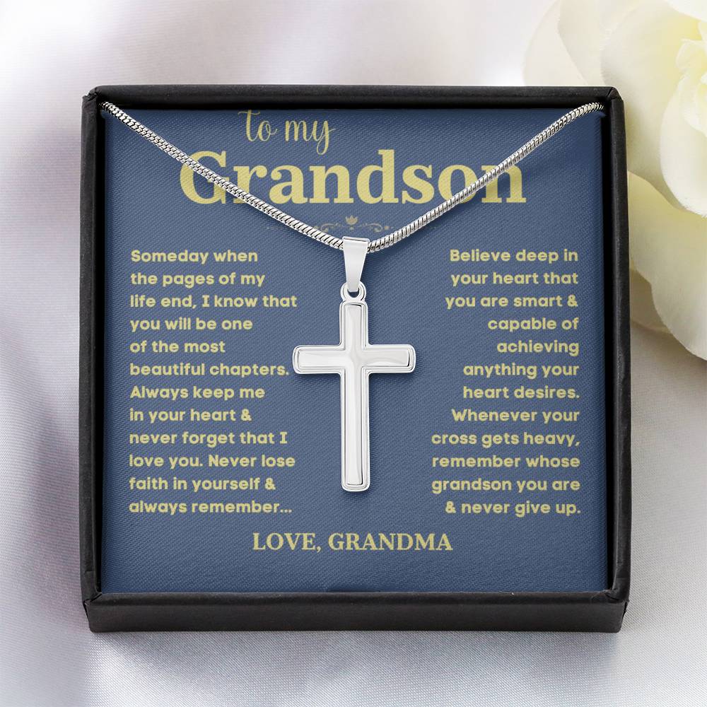 Sugar Spring Grandson Cross Necklace - 'To My Grandson' Faith-Inspired Pendant with Gift Box - A Cherished Keepsake for Grandsons B0CN1NP286