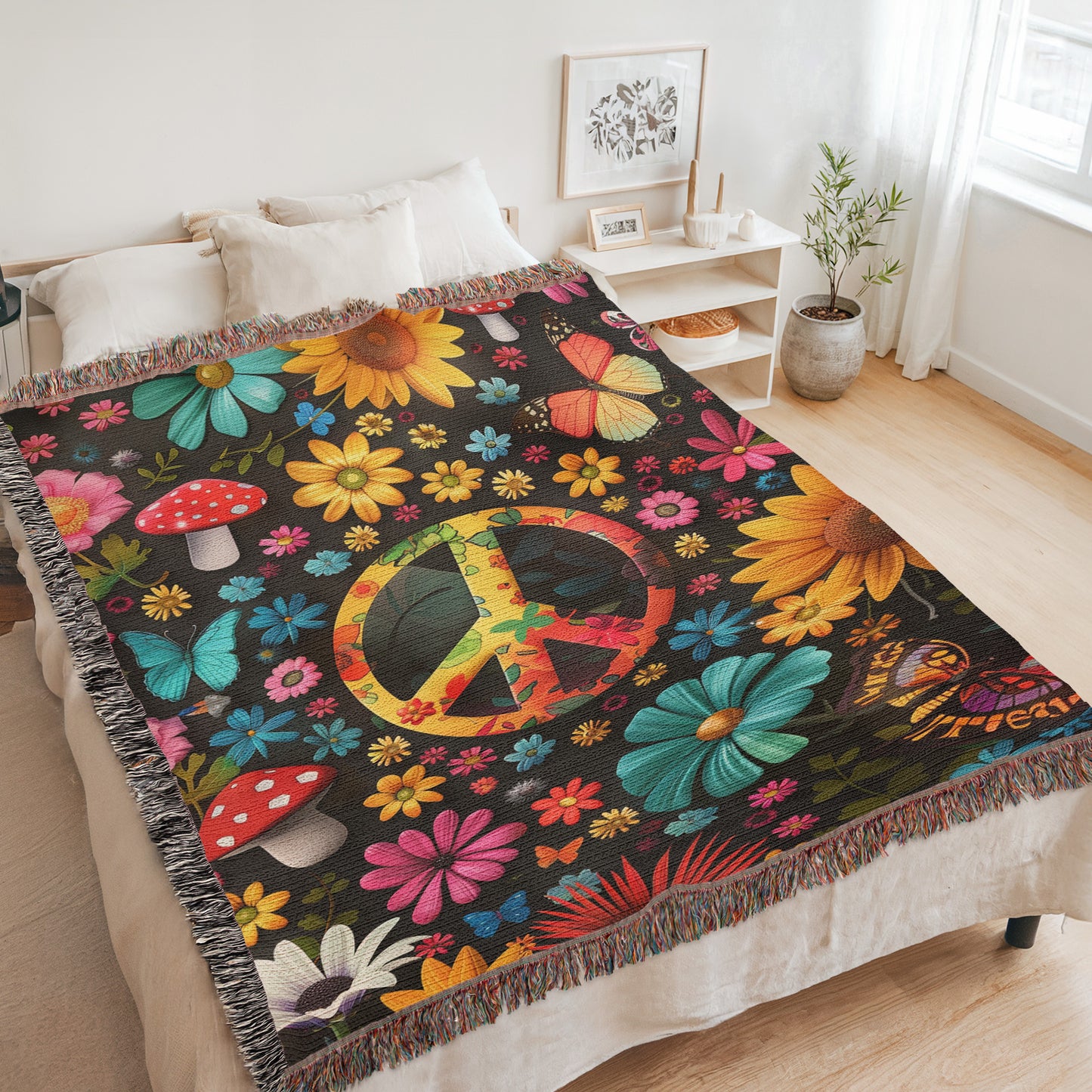 Hippie Peace Mushroom Butterfly Woven Blanket