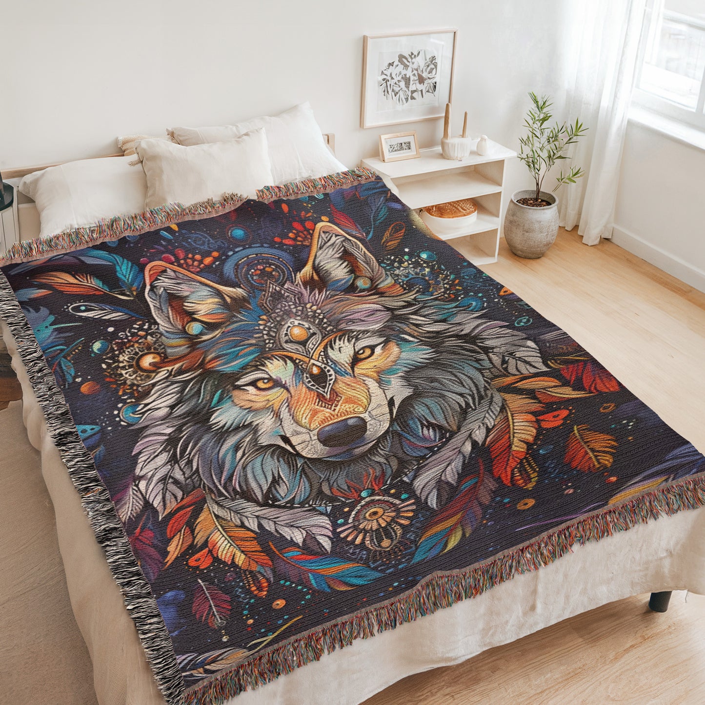 Wolf and vibrant feathers Woven Blanket