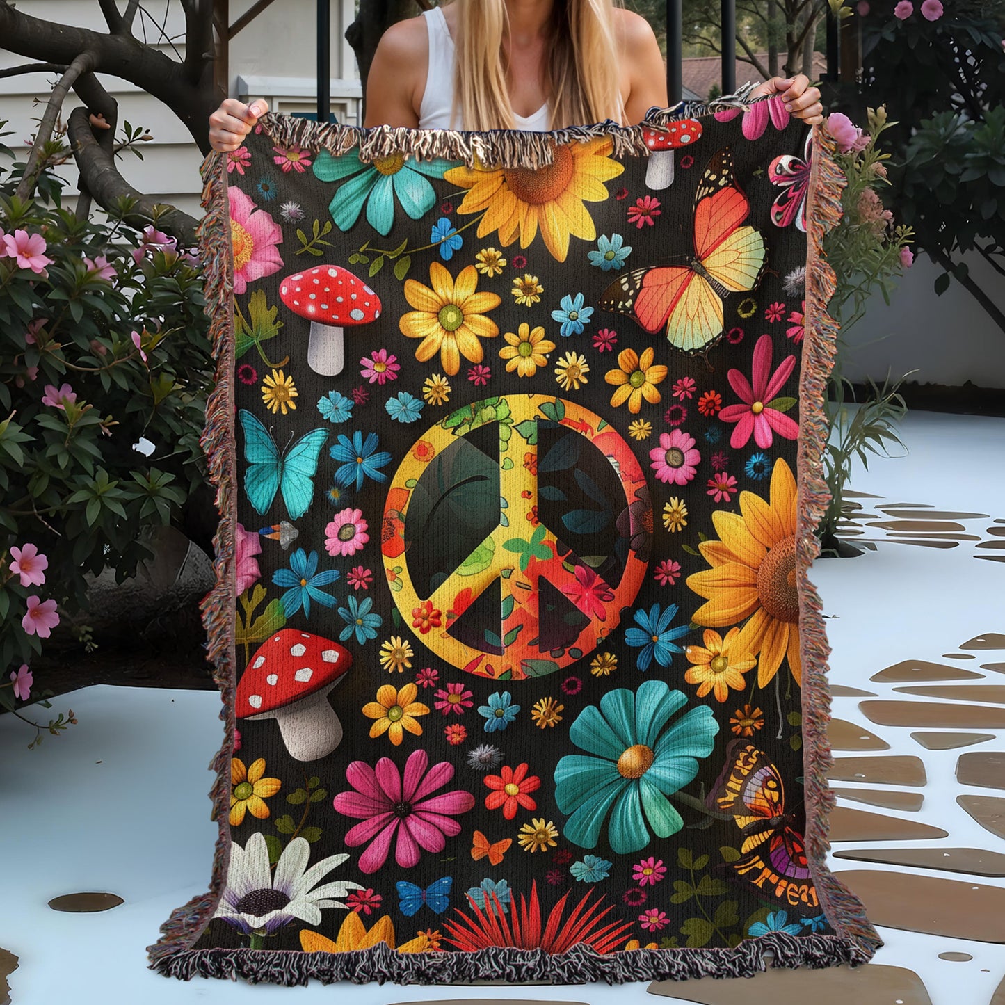 Hippie Peace Mushroom Butterfly Woven Blanket
