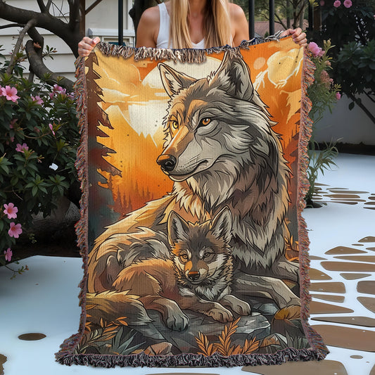 Mom and Baby Wolf Woven Blanket