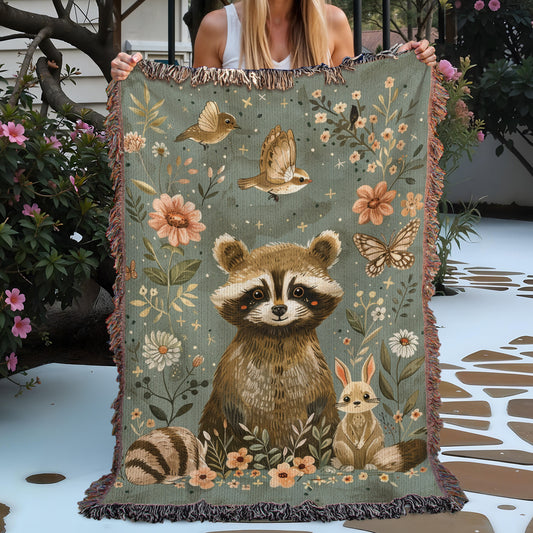 Woodland Raccoon Woven Blanket