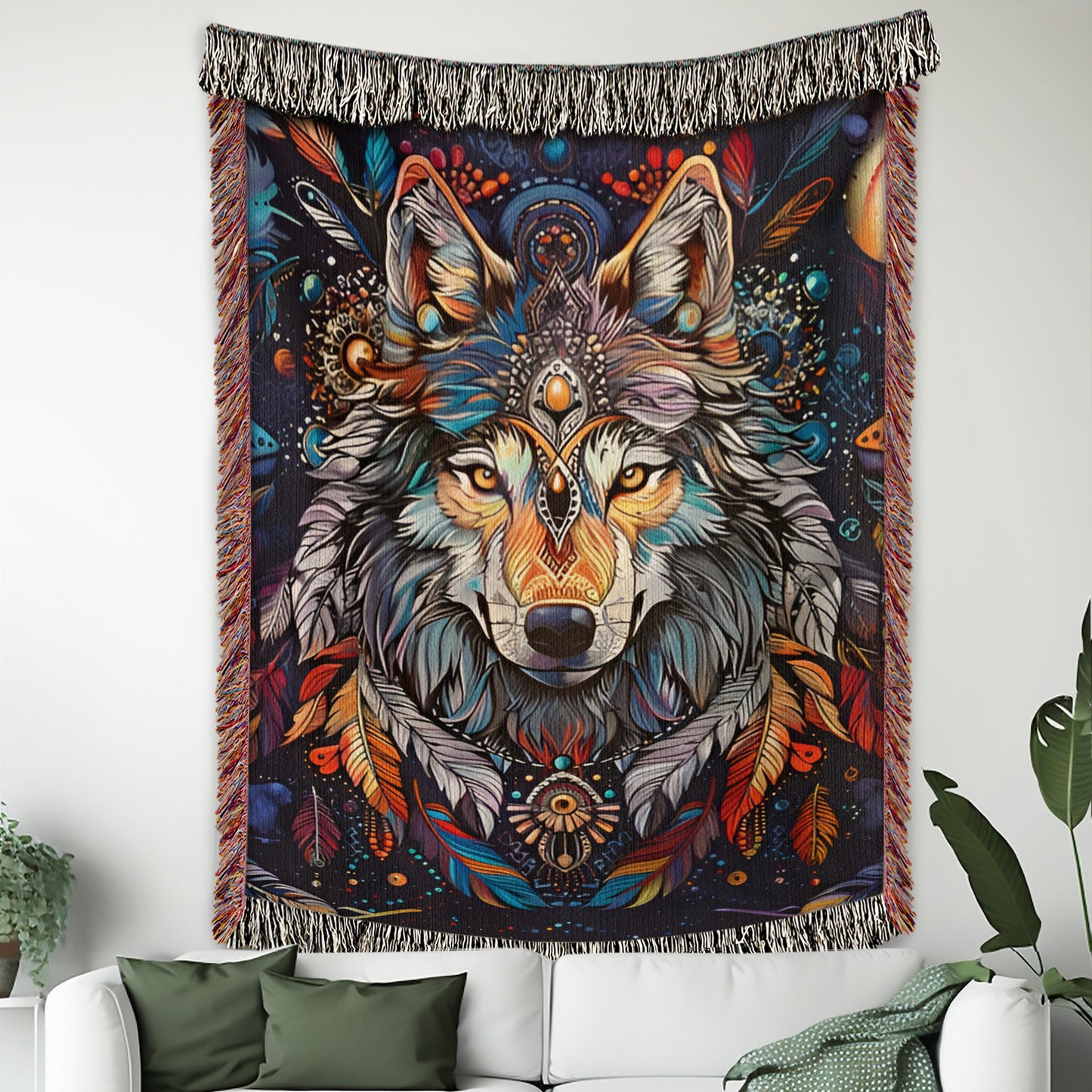 Wolf and vibrant feathers Woven Blanket