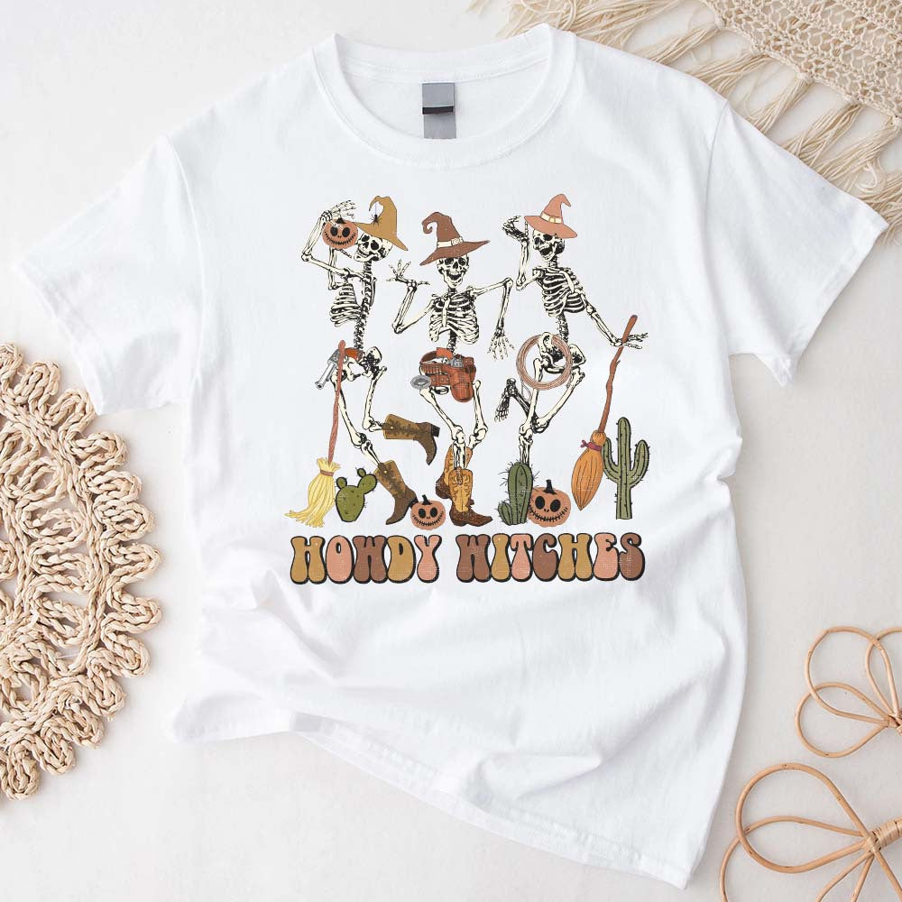 Howdy Witches Halloween T-shirt, Retro Halloween, Skeletons Dancing Cowgirl Shirt, Skeleton Cowboy