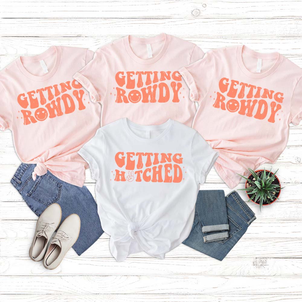 bride shirt, bachelorette party, bachelorette favors, bridal party shirt, bride party shirts, bachelorette shirts, wedding shirt, bridesmaid shirts, cowgirl shirts, wedding gift, Bridal Party Shirts Gettin Hitched Rowdy Preppy Pastel Bachelorette Getting Hippie Party, 60s 70s Shower Shirt Floral Bach, Bachelorette Wedding Hen Aesthetic Bride Bridesmaids Bride Shirt Funny Shirts Gettin' Matching