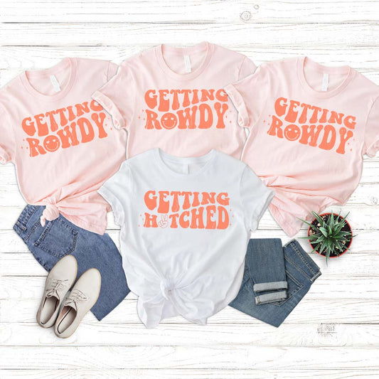 bride shirt, bachelorette party, bachelorette favors, bridal party shirt, bride party shirts, bachelorette shirts, wedding shirt, bridesmaid shirts, cowgirl shirts, wedding gift, Bridal Party Shirts Gettin Hitched Rowdy Preppy Pastel Bachelorette Getting Hippie Party, 60s 70s Shower Shirt Floral Bach,  Bachelorette Wedding Hen Aesthetic Bride Bridesmaids Bride Shirt Funny Shirts Gettin' Matching