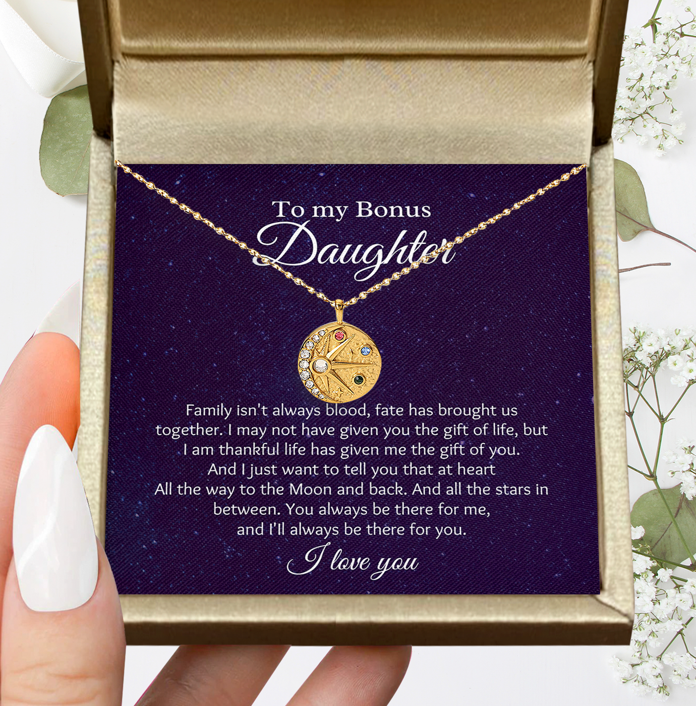 Gift for Bonus Daughter Necklace Sun Moon From Mother Birthday Graduation Gift