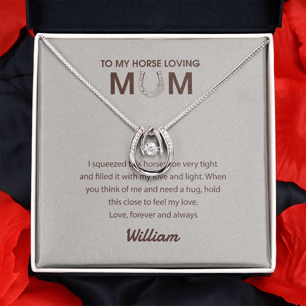 Personalized Horse Mom Lucky Horseshoe Necklace, Gift for Horse Mom, Horse Lovers on Birthday, Christmas, Woman Necklace with Card