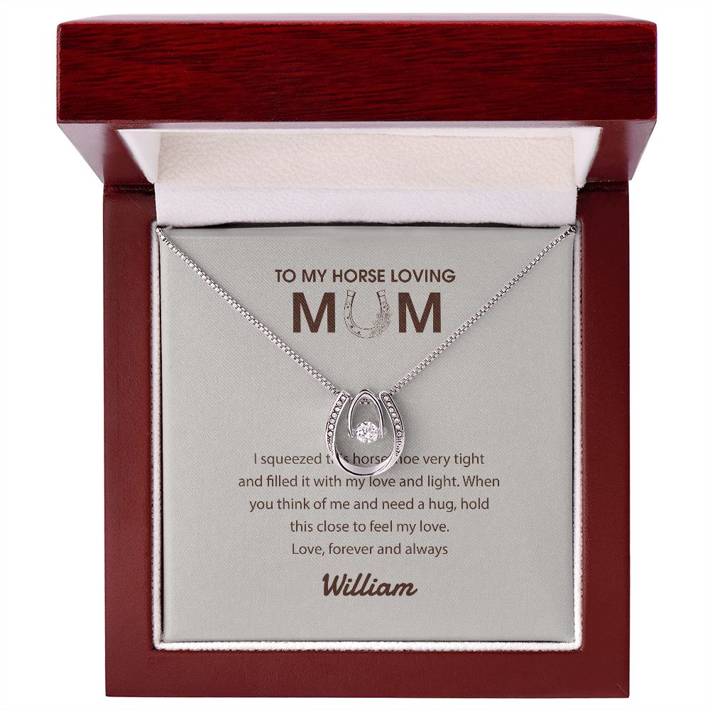 Personalized Horse Mom Lucky Horseshoe Necklace, Gift for Horse Mom, Horse Lovers on Birthday, Christmas, Woman Necklace with Card