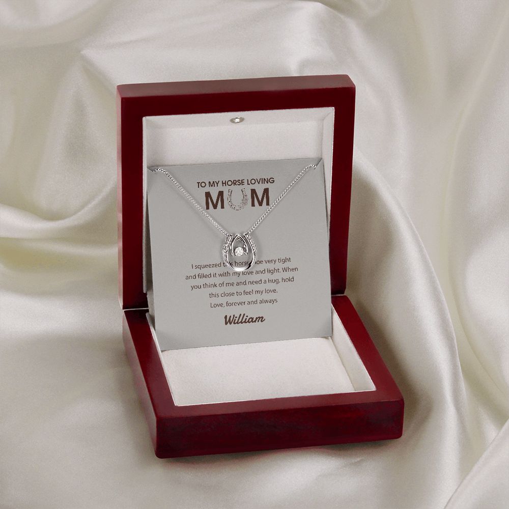 Personalized Horse Mom Lucky Horseshoe Necklace, Gift for Horse Mom, Horse Lovers on Birthday, Christmas, Woman Necklace with Card