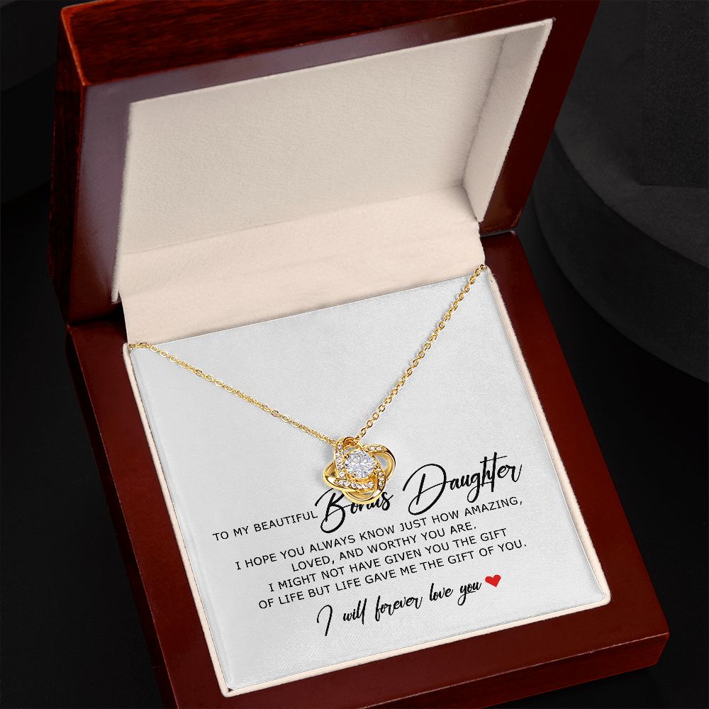 To My Beautiful Bonus Daughter, Love Knot Necklace, Bonus Daughter Gifts, Adopted Daughter Necklace From Unbiological Mom