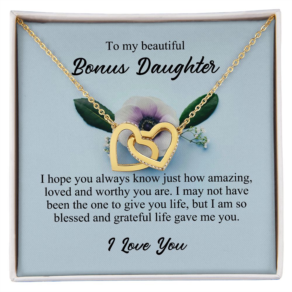 To My Beautiful Bonus Daughter, Interlocking Hearts Necklace, Stepdaughter Gifts From Stepmom, Necklace Jewelry Gift for Birthday Christmas JWSN110760