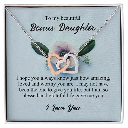 To My Beautiful Bonus Daughter, Interlocking Hearts Necklace, Stepdaughter Gifts From Stepmom, Necklace Jewelry Gift for Birthday Christmas JWSN110760