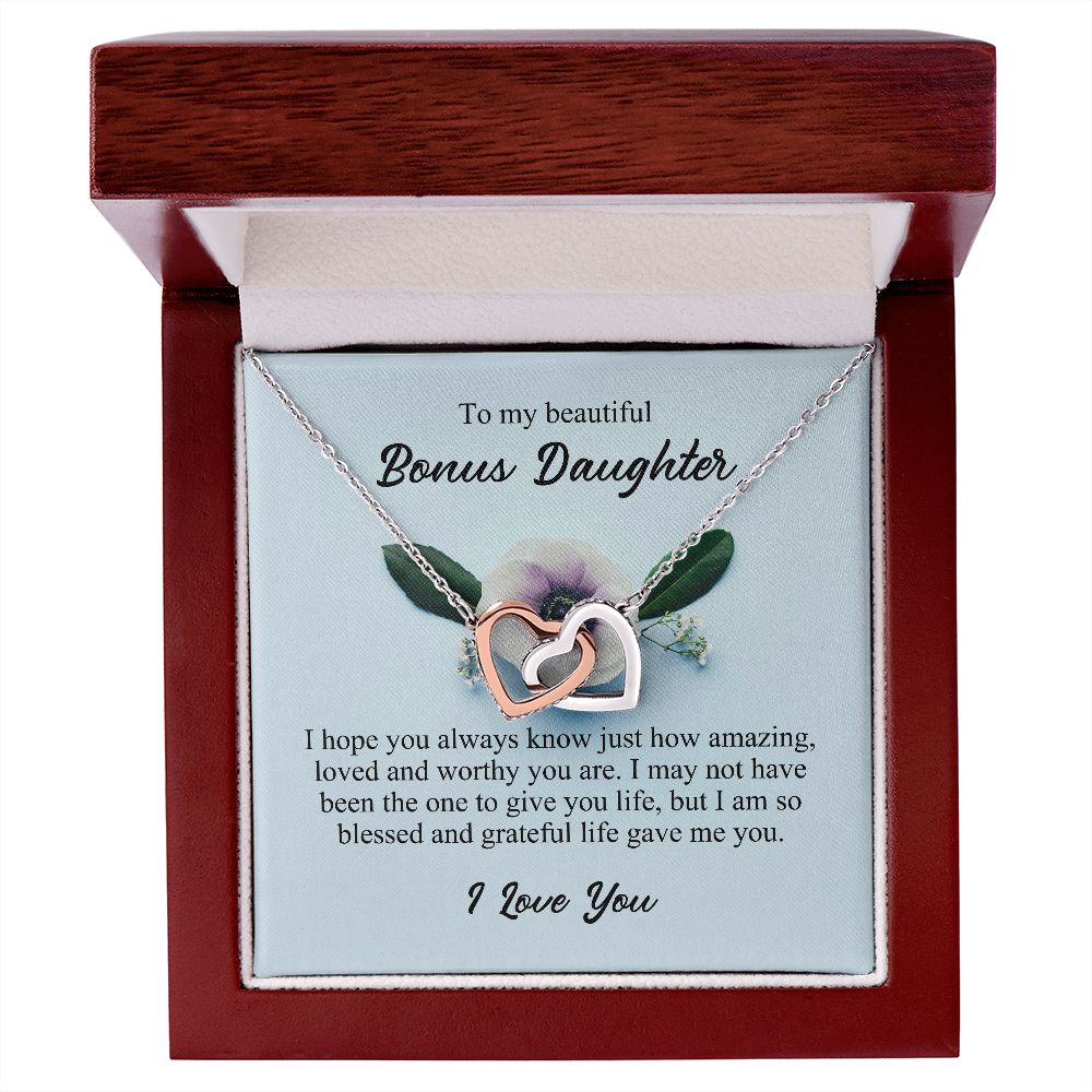 To My Beautiful Bonus Daughter, Interlocking Hearts Necklace, Stepdaughter Gifts From Stepmom, Necklace Jewelry Gift for Birthday Christmas JWSN110760