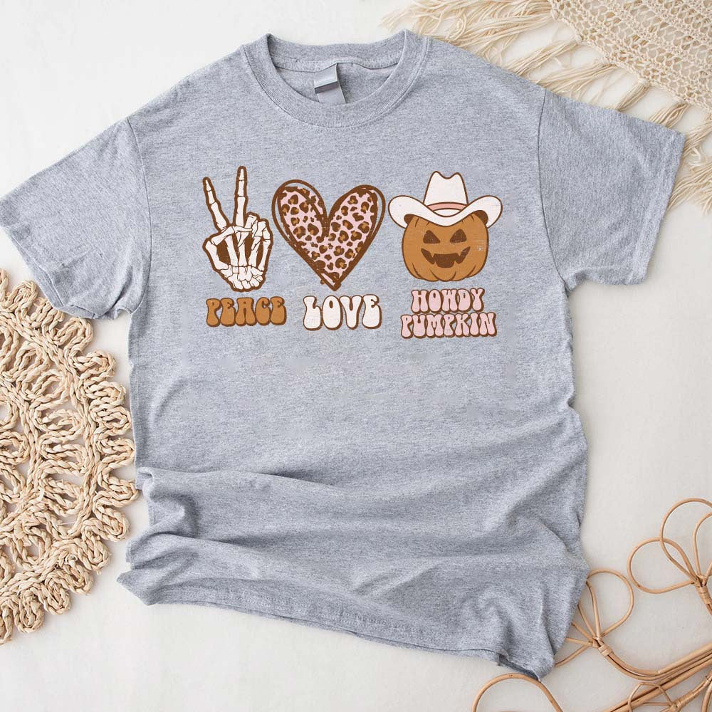 Peace Love Howdy Shirt, Halloween Pumpkin Outfit - Funny Skeleton Shirt - Fall Apparel