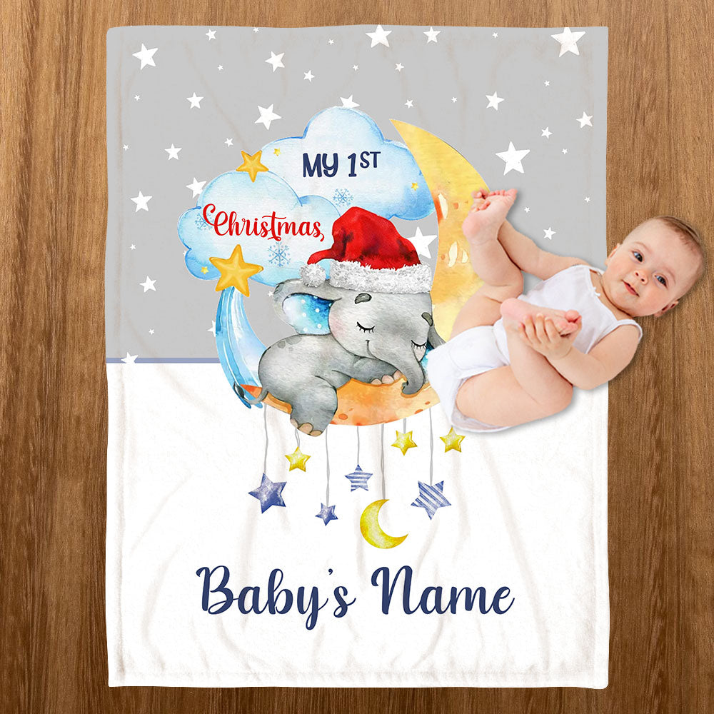 Personalized Christmas Gift Baby's Blanket Baby Elephant 1st Christmas