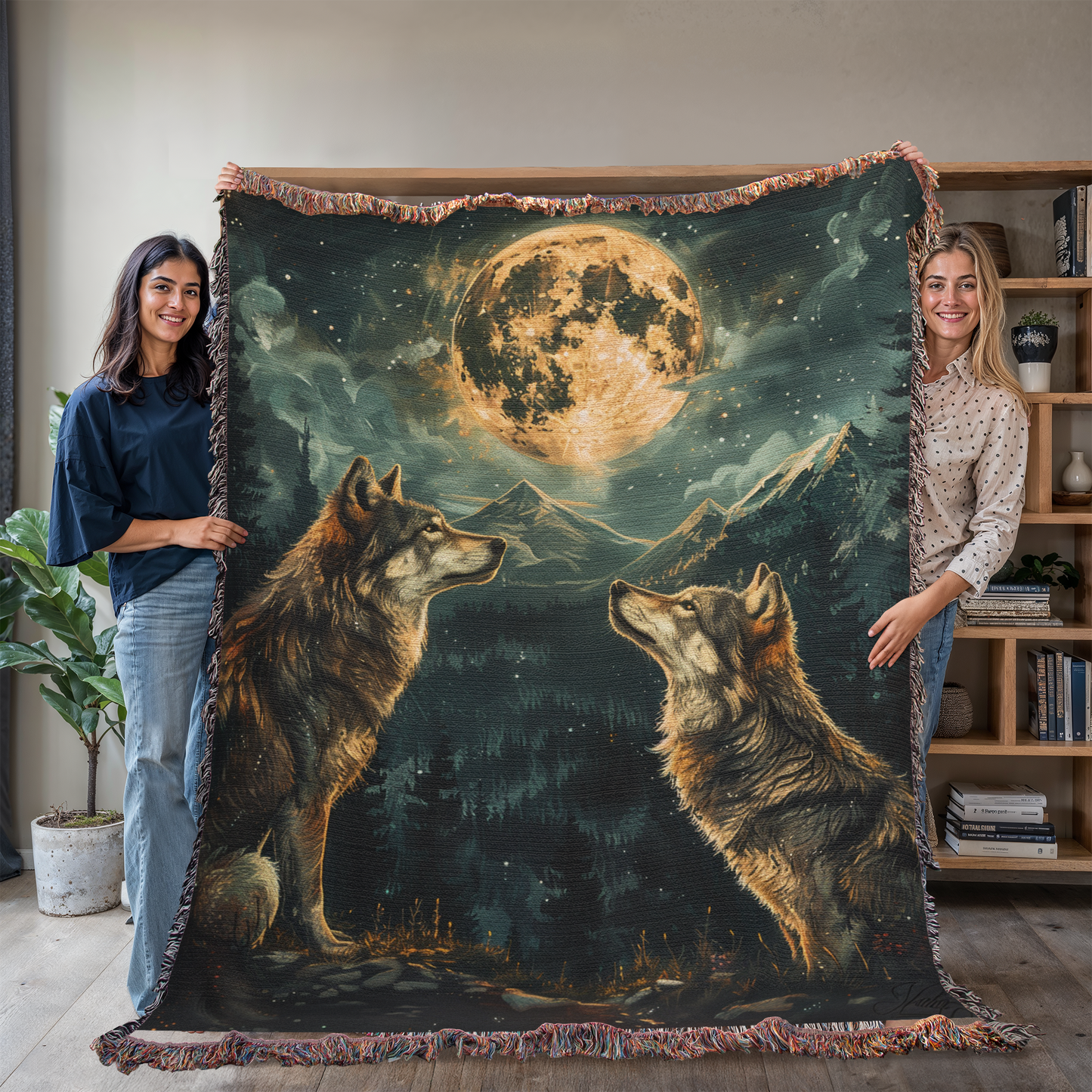 Moonlit Wolves Woven Blanket