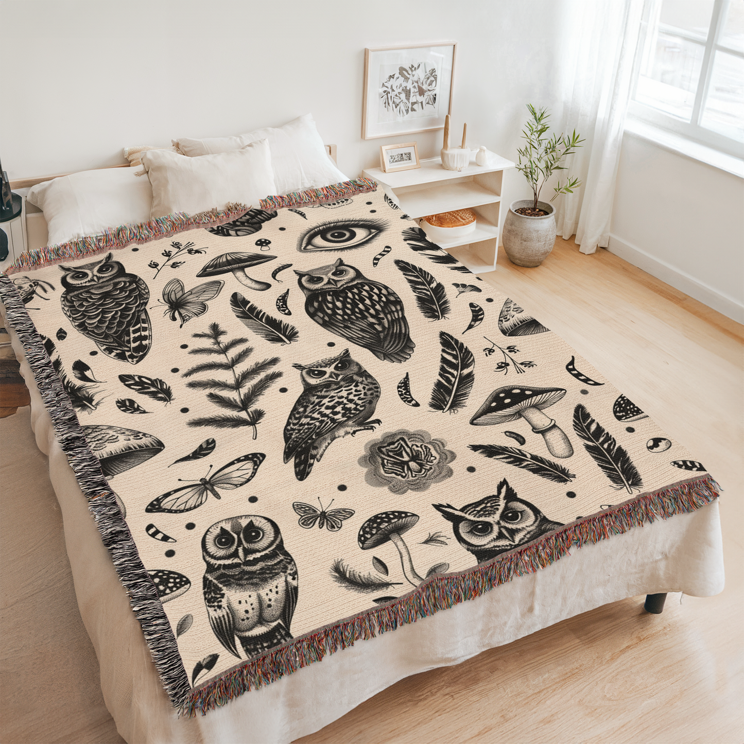 Whimsical Owl Garden Woven Blanket