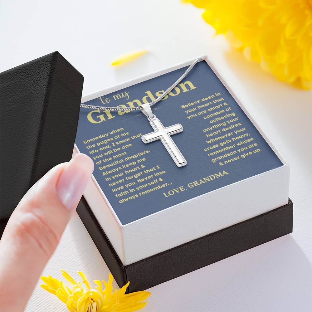 Sugar Spring Grandson Cross Necklace - 'To My Grandson' Faith-Inspired Pendant with Gift Box - A Cherished Keepsake for Grandsons B0CN1NP286