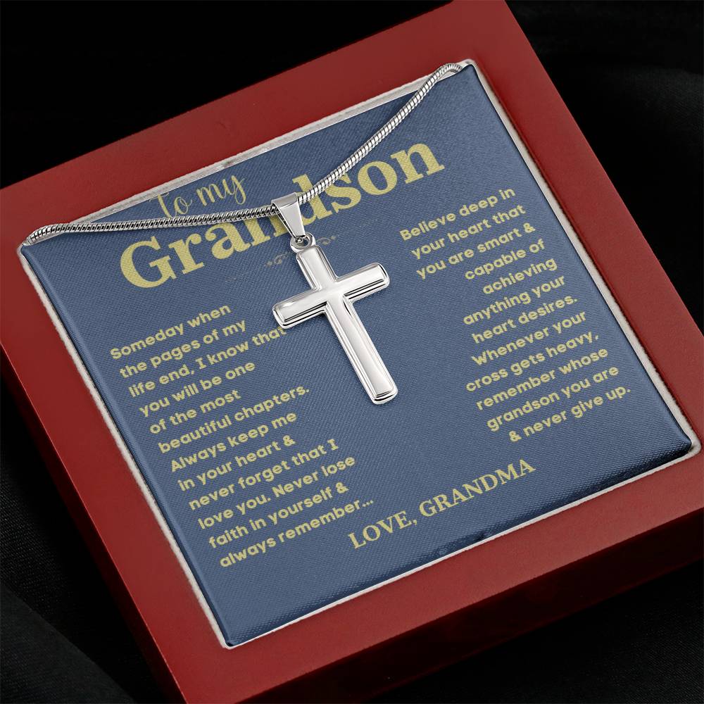 Sugar Spring Grandson Cross Necklace - 'To My Grandson' Faith-Inspired Pendant with Gift Box - A Cherished Keepsake for Grandsons B0CN1NP286