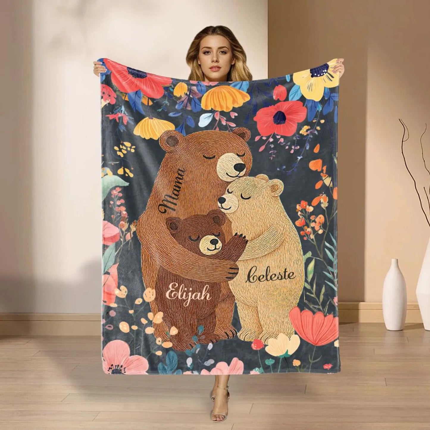 Personalized Mama Bear Flower Blanket