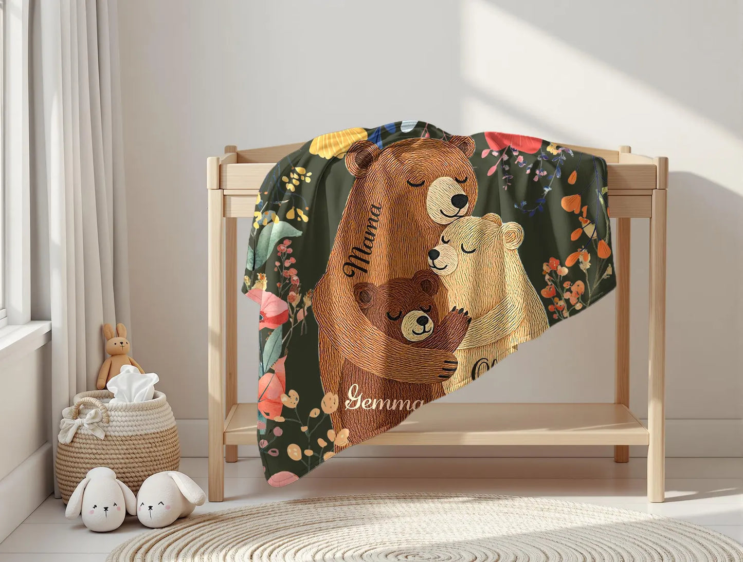 Personalized Mama Bear Flower Blanket