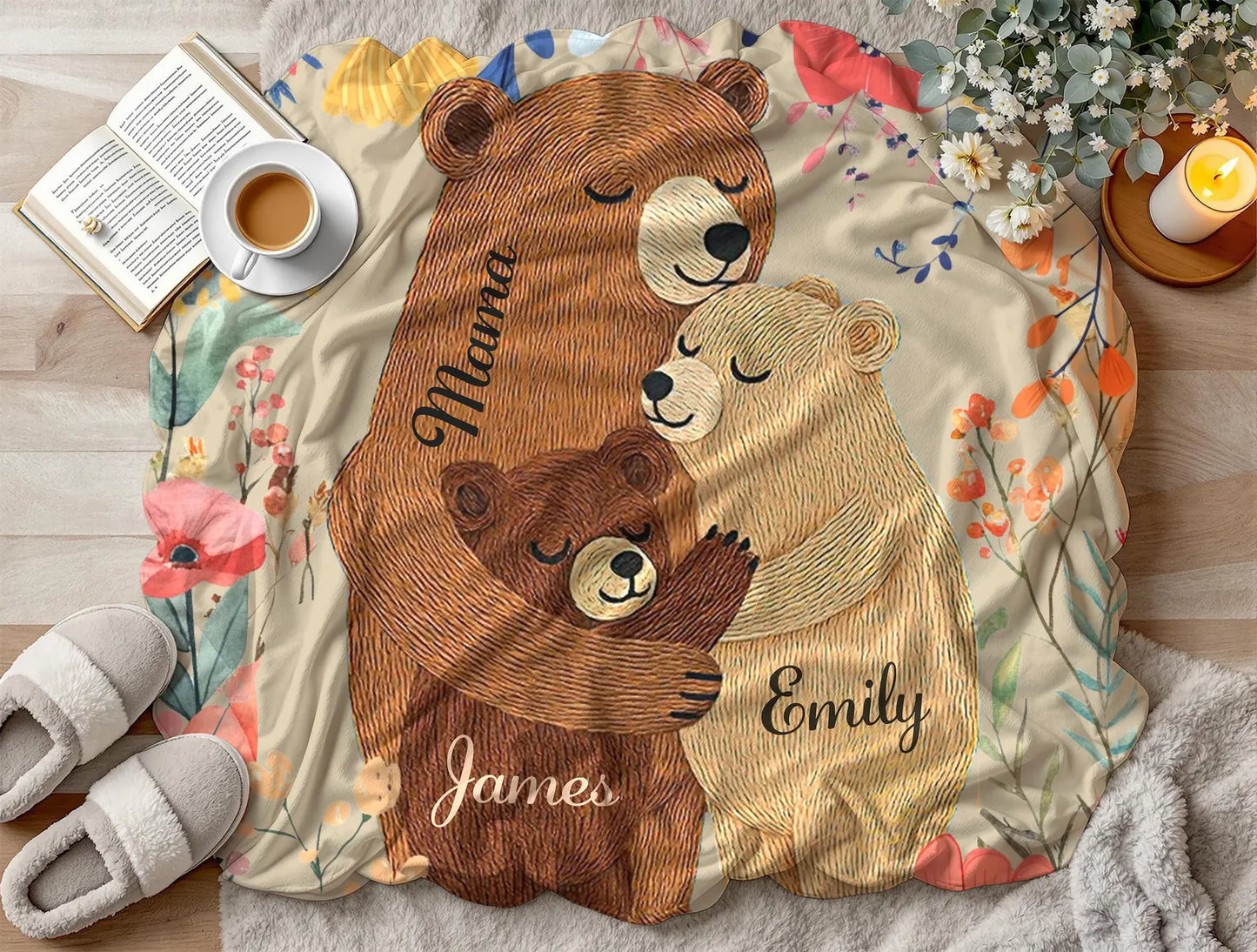 Personalized Mama Bear Flower Blanket