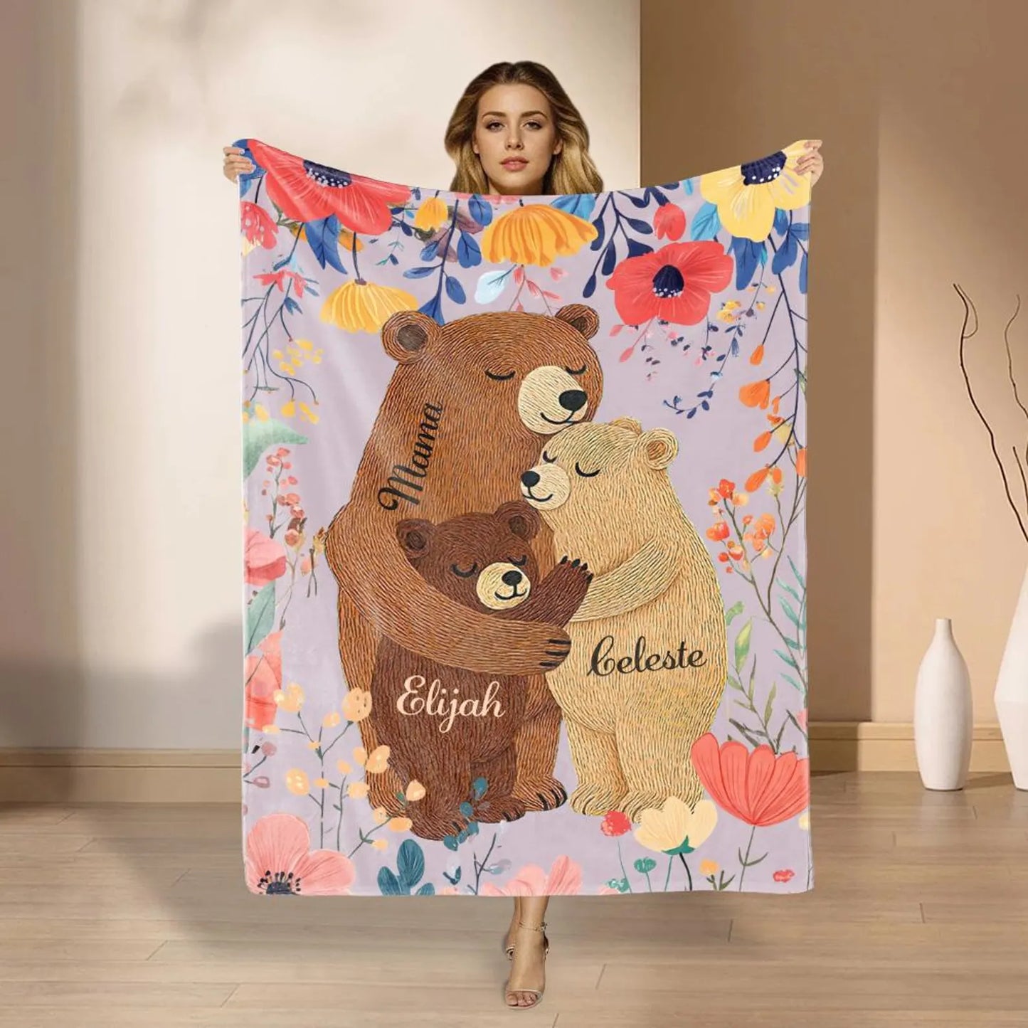 Personalized Mama Bear Flower Blanket