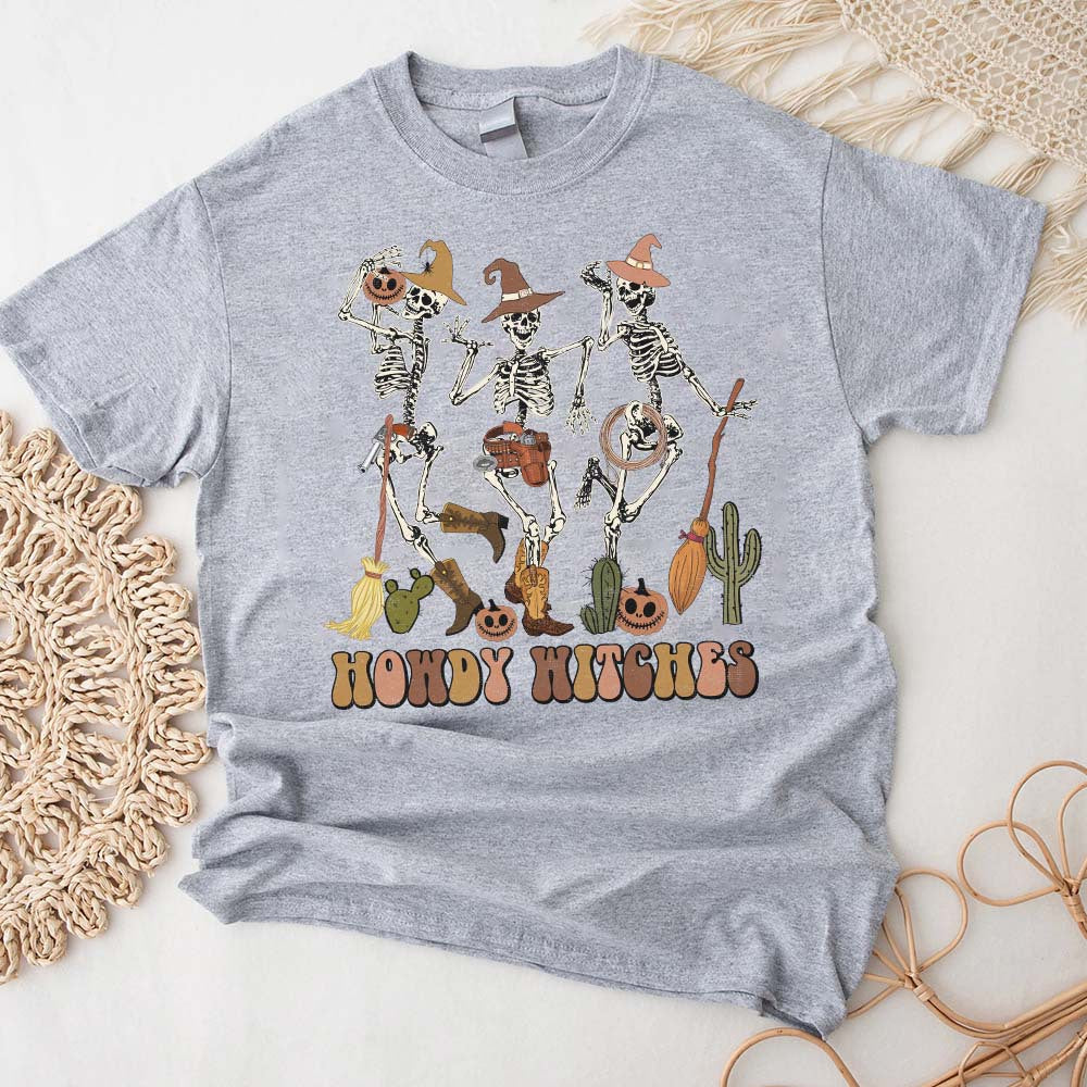 Howdy Witches Halloween T-shirt, Retro Halloween, Skeletons Dancing Cowgirl Shirt, Skeleton Cowboy
