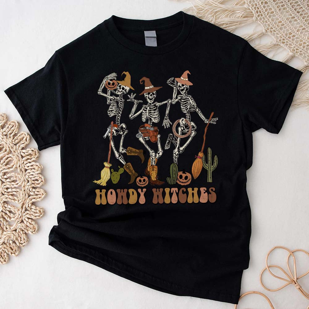 Howdy Witches Halloween T-shirt, Retro Halloween, Skeletons Dancing Cowgirl Shirt, Skeleton Cowboy