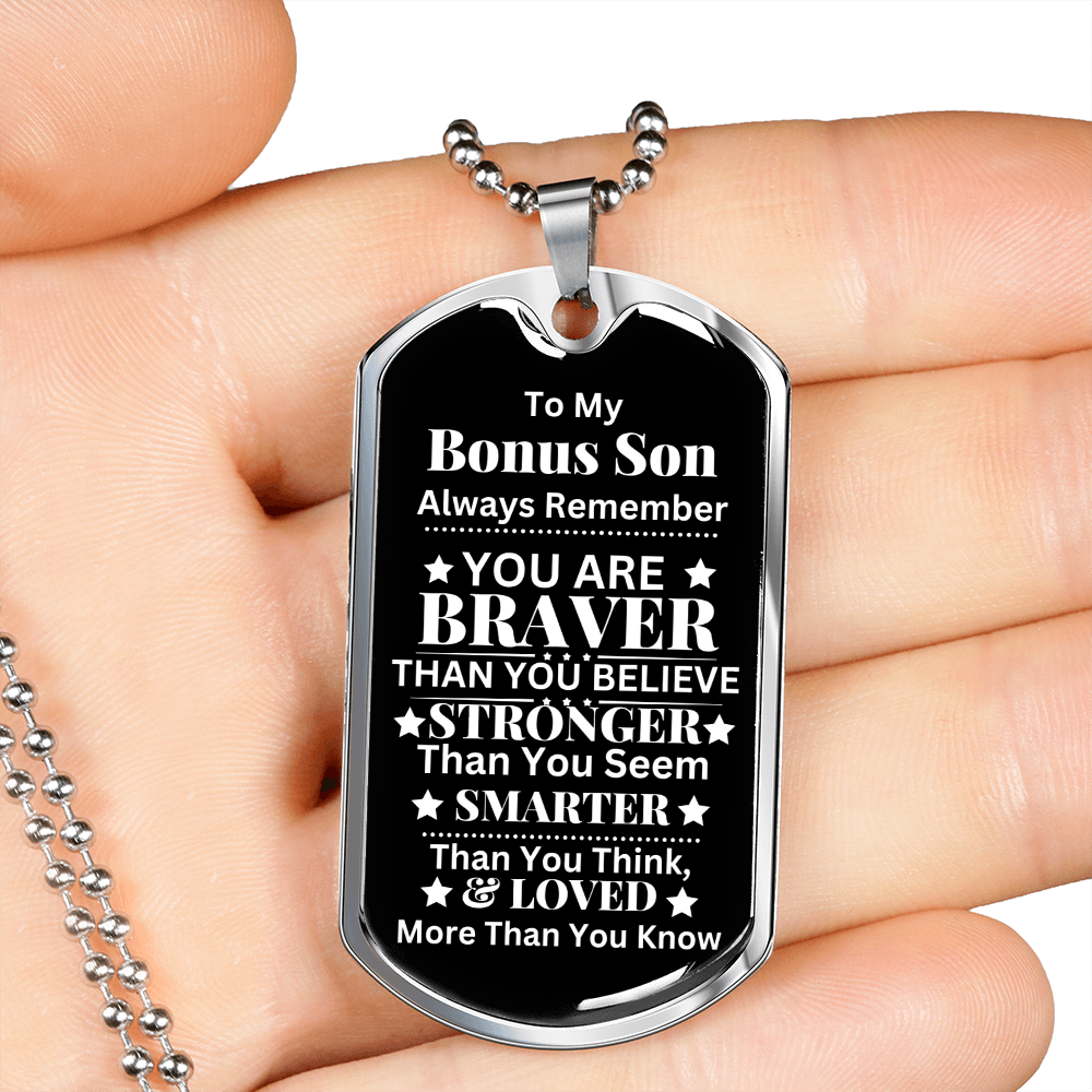 Custom Bonus Son Dog Tag Necklace - Personalized Step Son Gift with Gift Box Included
