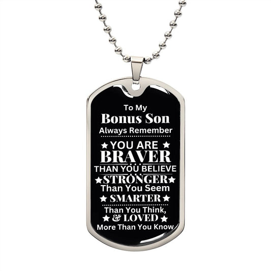 Custom Bonus Son Dog Tag Necklace - Personalized Step Son Gift with Gift Box Included
