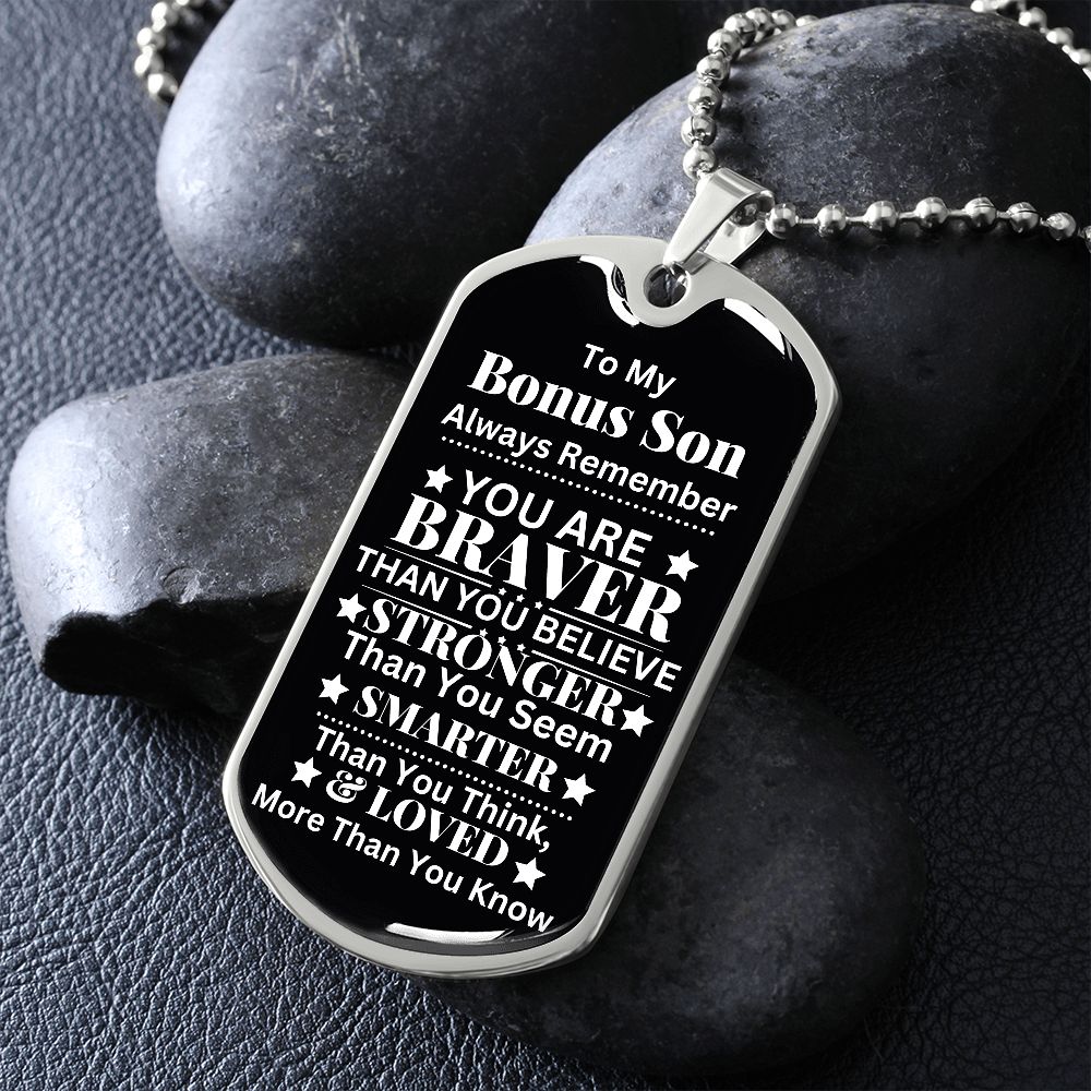 Custom Bonus Son Dog Tag Necklace - Personalized Step Son Gift with Gift Box Included