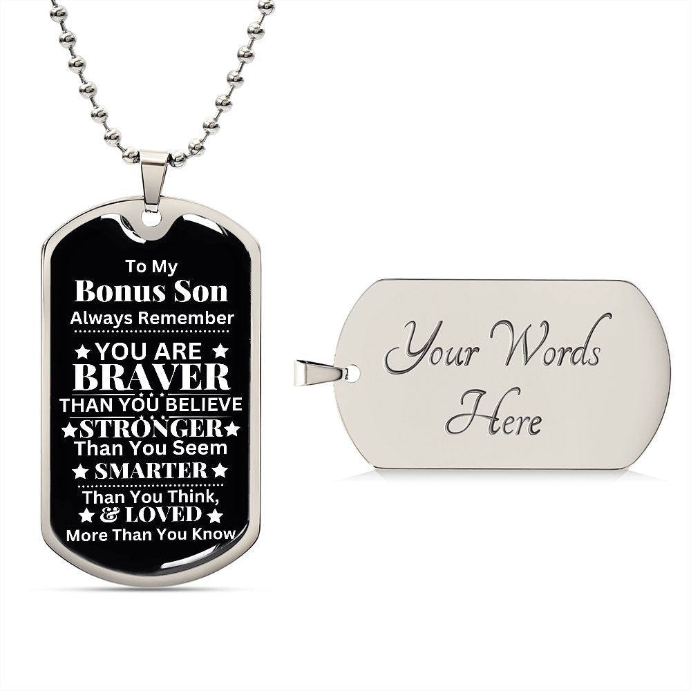 Custom Bonus Son Dog Tag Necklace - Personalized Step Son Gift with Gift Box Included