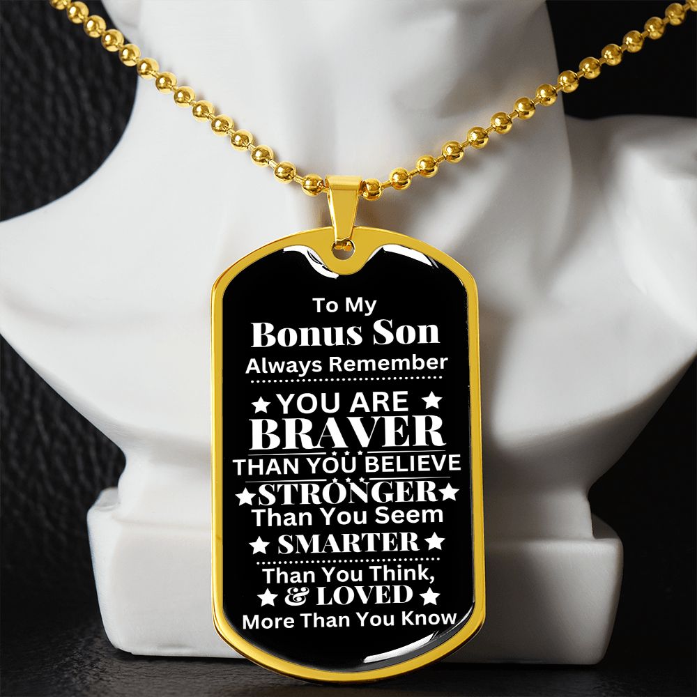 Custom Bonus Son Dog Tag Necklace - Personalized Step Son Gift with Gift Box Included