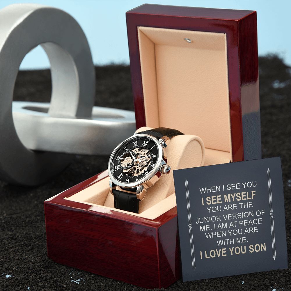 Men's Openwork Watch With Special Message Card Personalized Gift Son - Sentimental Gift Son, Graduation, Birthday Gift Son - Men's Skeleton Watch Luxury Watch Gift Him