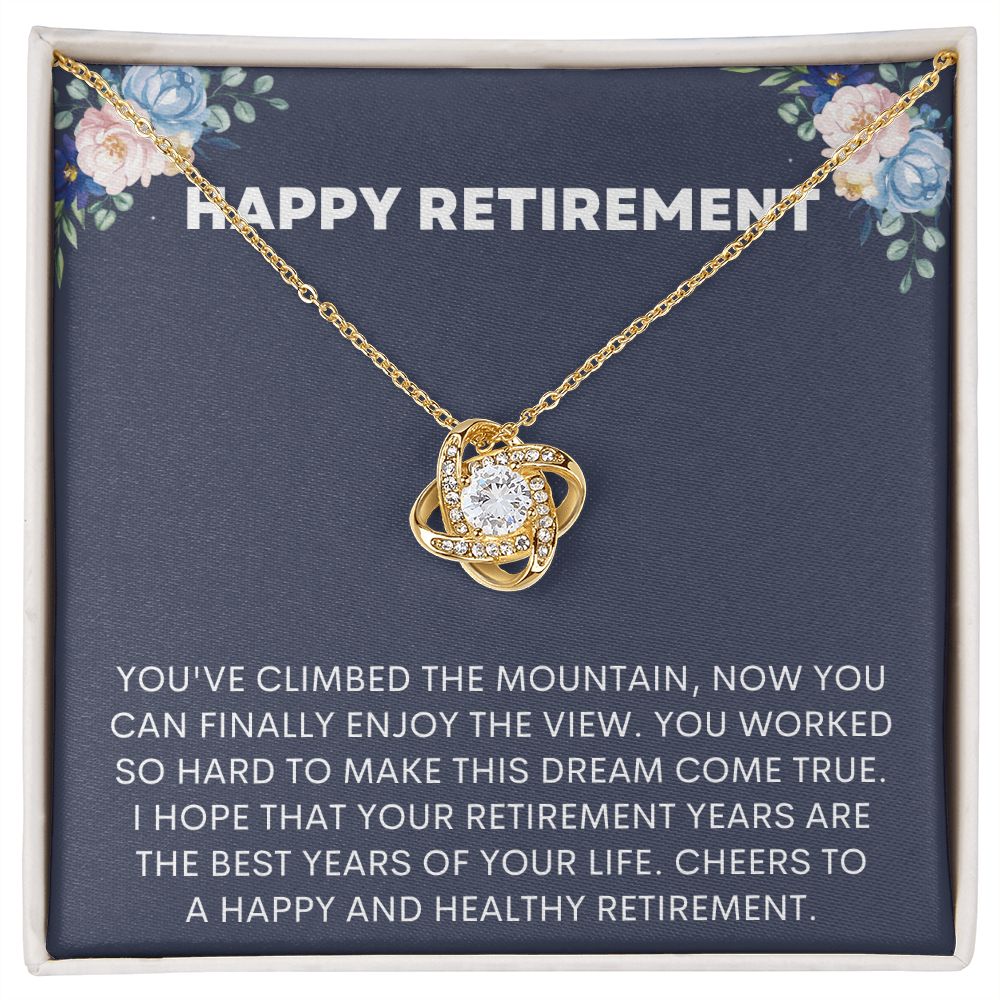 Celebrate a woman's retirement with this beautiful necklace that conveys heartfelt wishes for a happy and fulfilling retirement. Made with high-quality materials, this necklace features a delicate chain and a pendant that reads "Retirement Wishes" in eleg