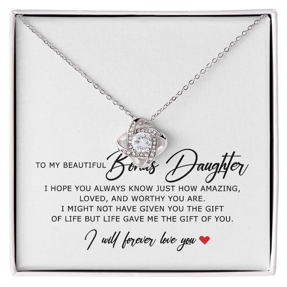 To My Beautiful Bonus Daughter, Love Knot Necklace, Bonus Daughter Gifts, Adopted Daughter Necklace From Unbiological Mom