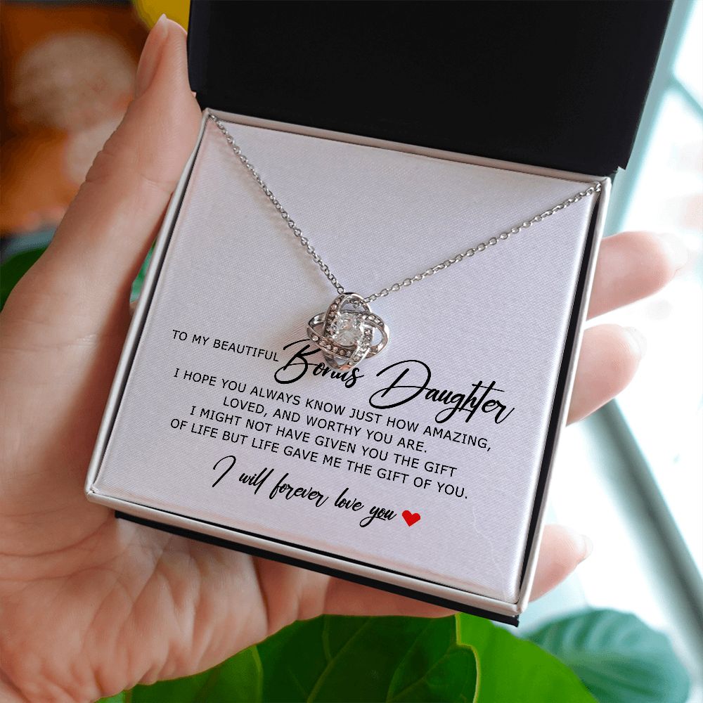 To My Beautiful Bonus Daughter, Love Knot Necklace, Bonus Daughter Gifts, Adopted Daughter Necklace From Unbiological Mom