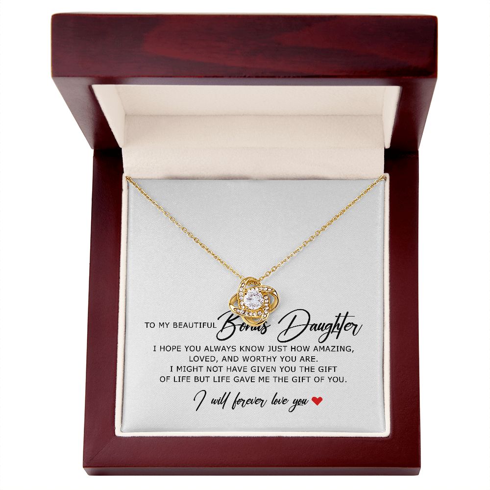 To My Beautiful Bonus Daughter, Love Knot Necklace, Bonus Daughter Gifts, Adopted Daughter Necklace From Unbiological Mom