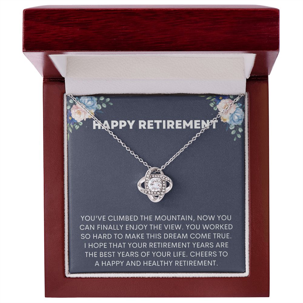 Celebrate a woman's retirement with this beautiful necklace that conveys heartfelt wishes for a happy and fulfilling retirement. Made with high-quality materials, this necklace features a delicate chain and a pendant that reads "Retirement Wishes" in eleg