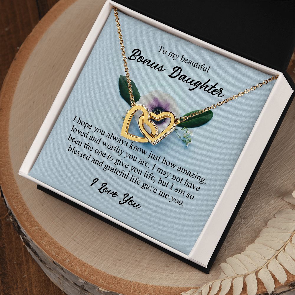 To My Beautiful Bonus Daughter, Interlocking Hearts Necklace, Stepdaughter Gifts From Stepmom, Necklace Jewelry Gift for Birthday Christmas JWSN110760