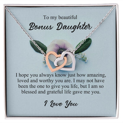 To My Beautiful Bonus Daughter, Interlocking Hearts Necklace, Stepdaughter Gifts From Stepmom, Necklace Jewelry Gift for Birthday Christmas JWSN110760